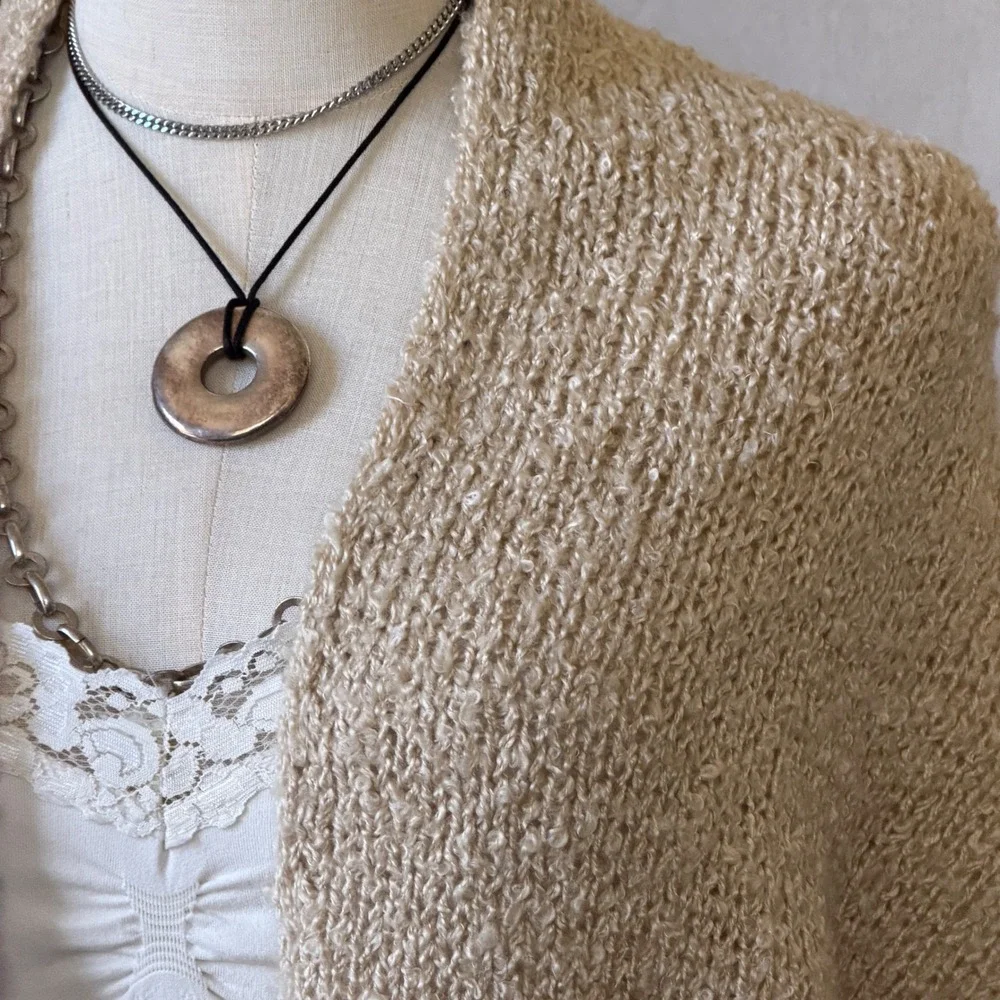 Beige Fringe Trim Knit Shawl Wrap Boho Vintage OS Layering Cozy Fall Scarf